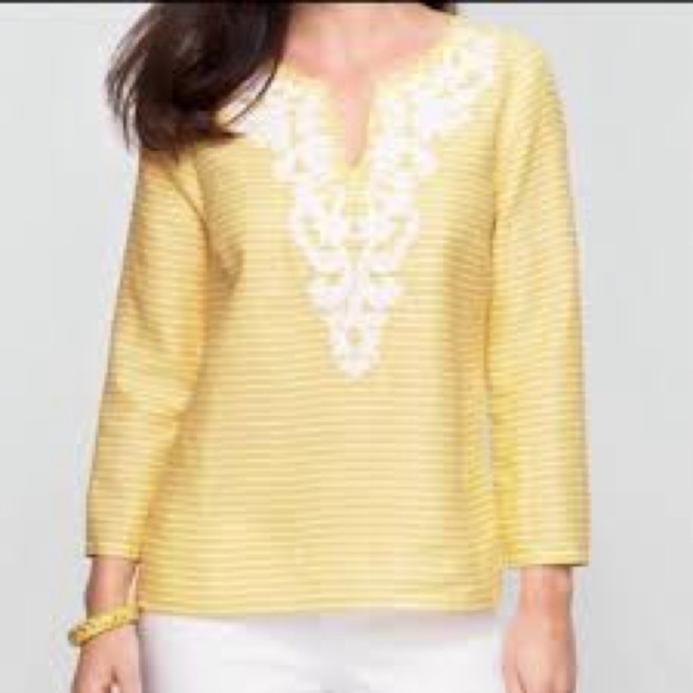 Talbots yellow striped 100% linen embroidered & beaded detail blouse top, small.